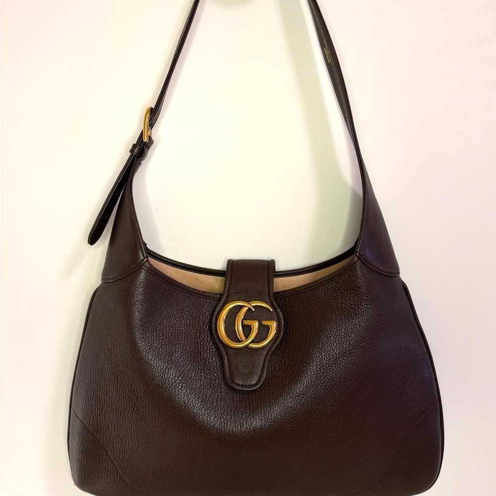 Gucci Dark Brown Leather Shoulder Bag with Gold Accent - Picture 1 of 8